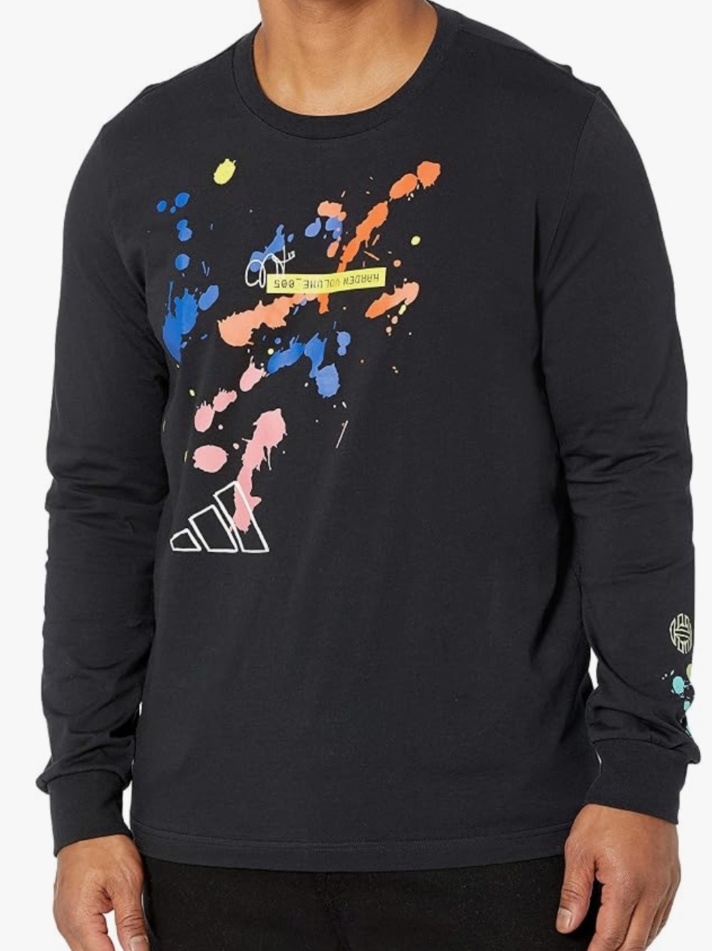 adidas Harden Journey Black Long-Sleeve Tee with Multicolor Paint Splatters